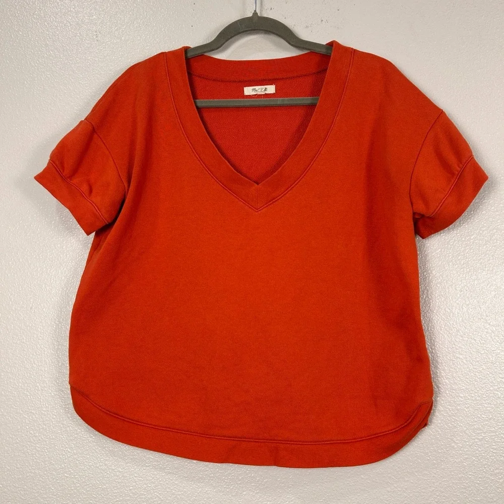 Madewell Womens Short Sleeve V-Neck French Terry Sweatshirt Orange Size M